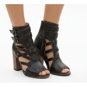 FREEBIRD Tiara Black Leather Boot - Strappy Open Toe Bootie Size 8